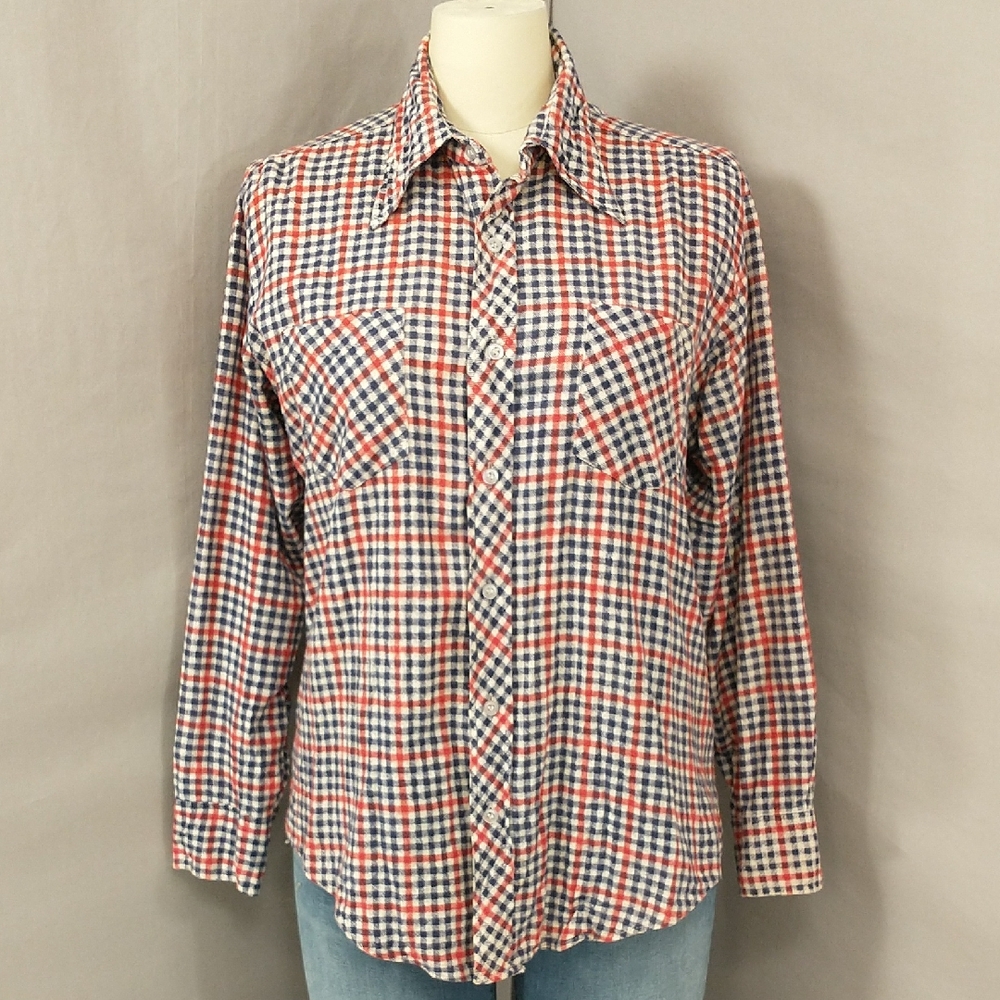 Vintage Cotton Flannel Button Down Shirt Red White Blue Plaid Spear Collar Lg49"